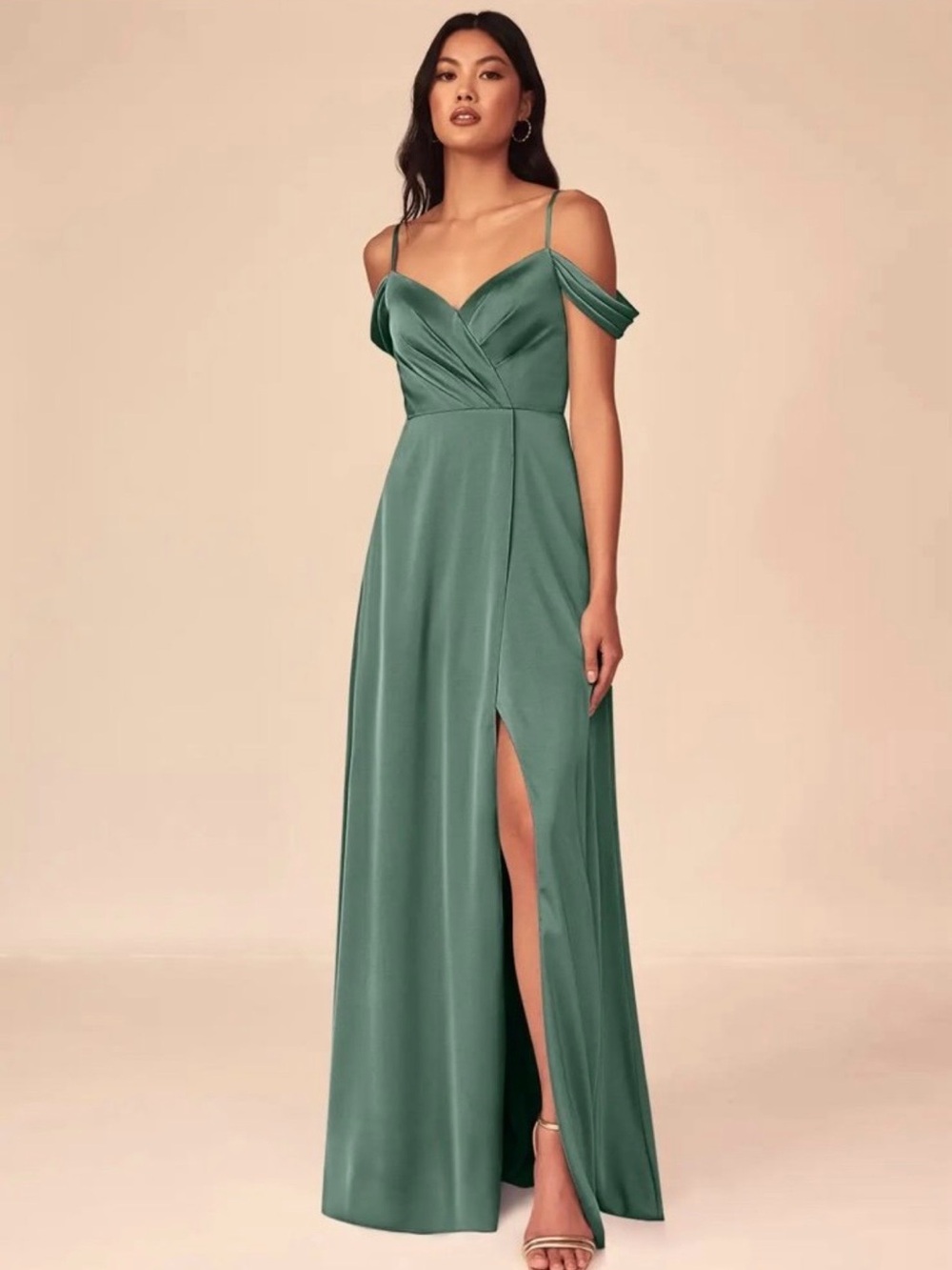 Azazie Eucalyptus Off-Shoulder Bridesmaid Gown